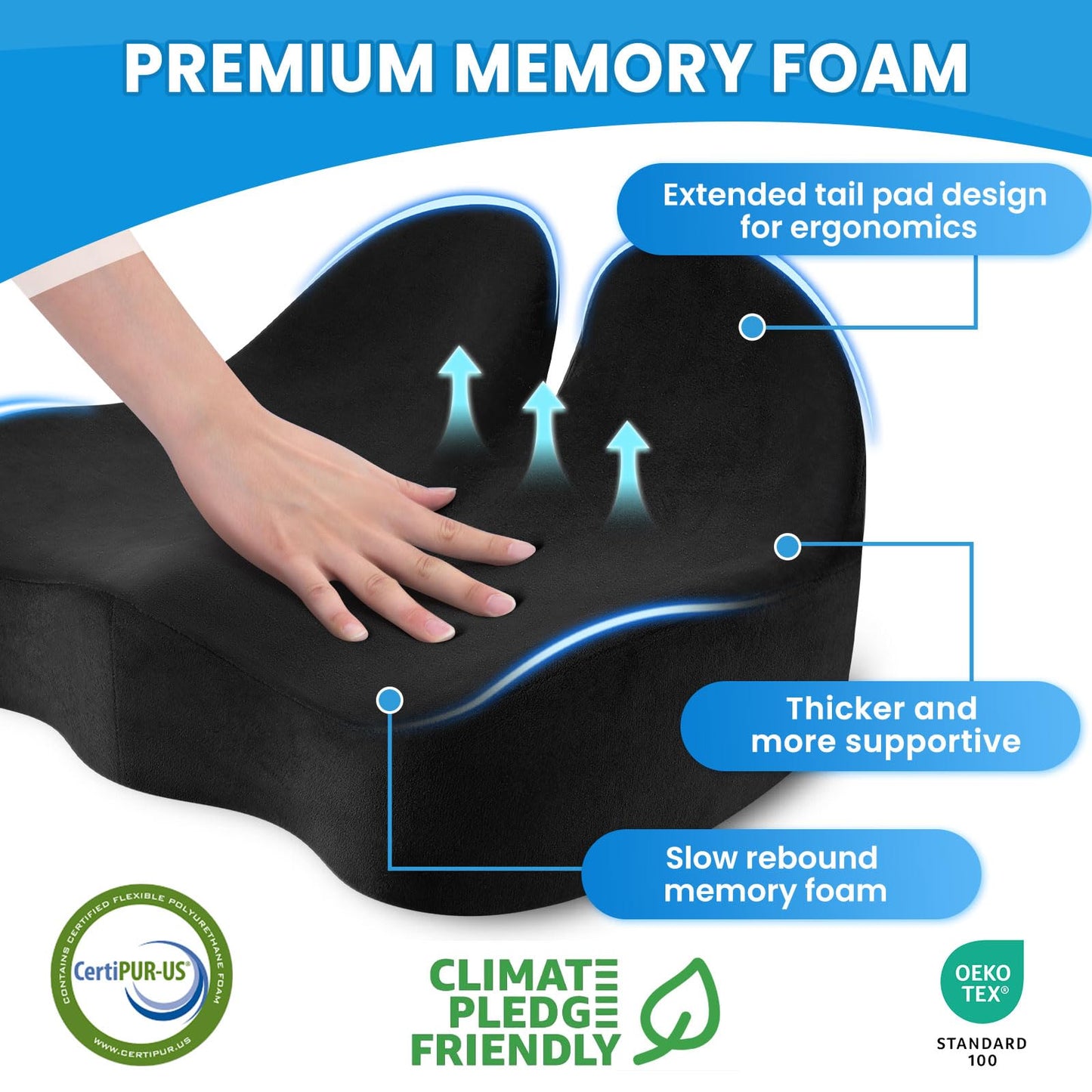 Black memory foam seat cushion with contoured tail pad and supportive ergonomic shape