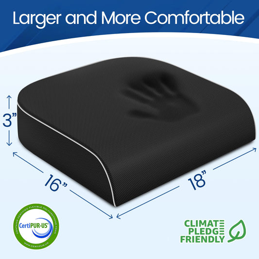 Black memory foam seat cushion, contoured shape with curved edge trim