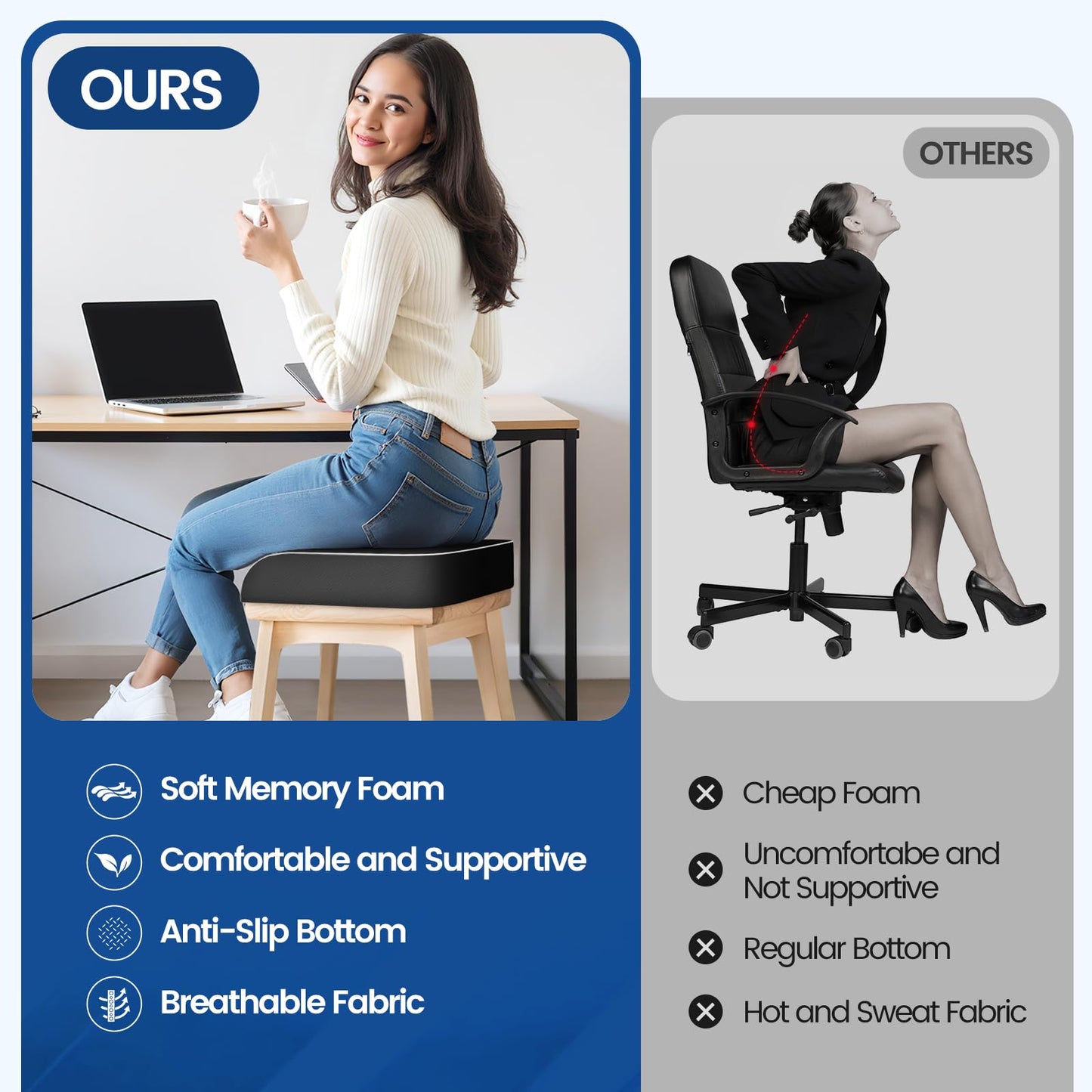 Black seat cushion on chair seat, contoured top for supportive seating