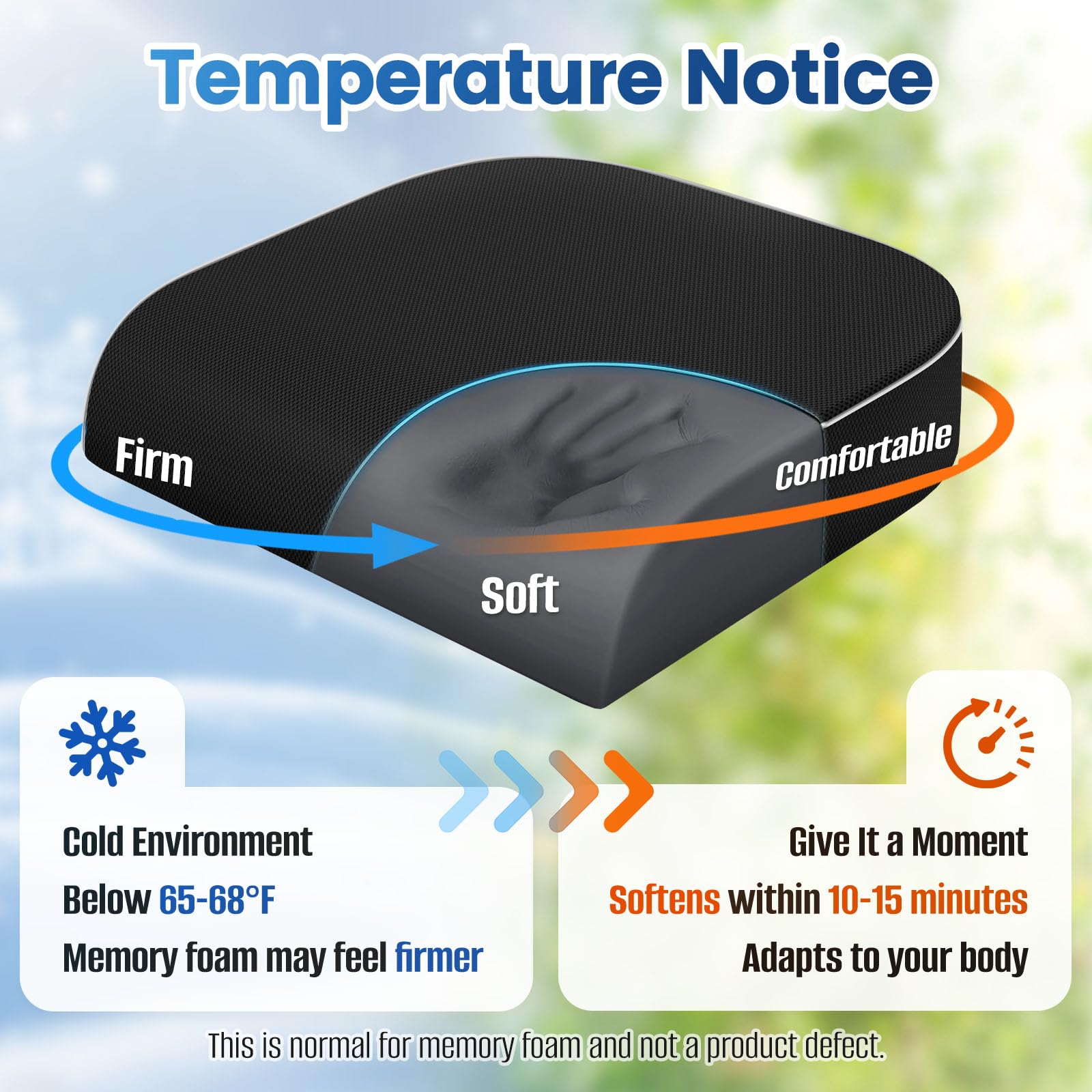 Black memory foam seat cushion with comfort curve shape and smooth top