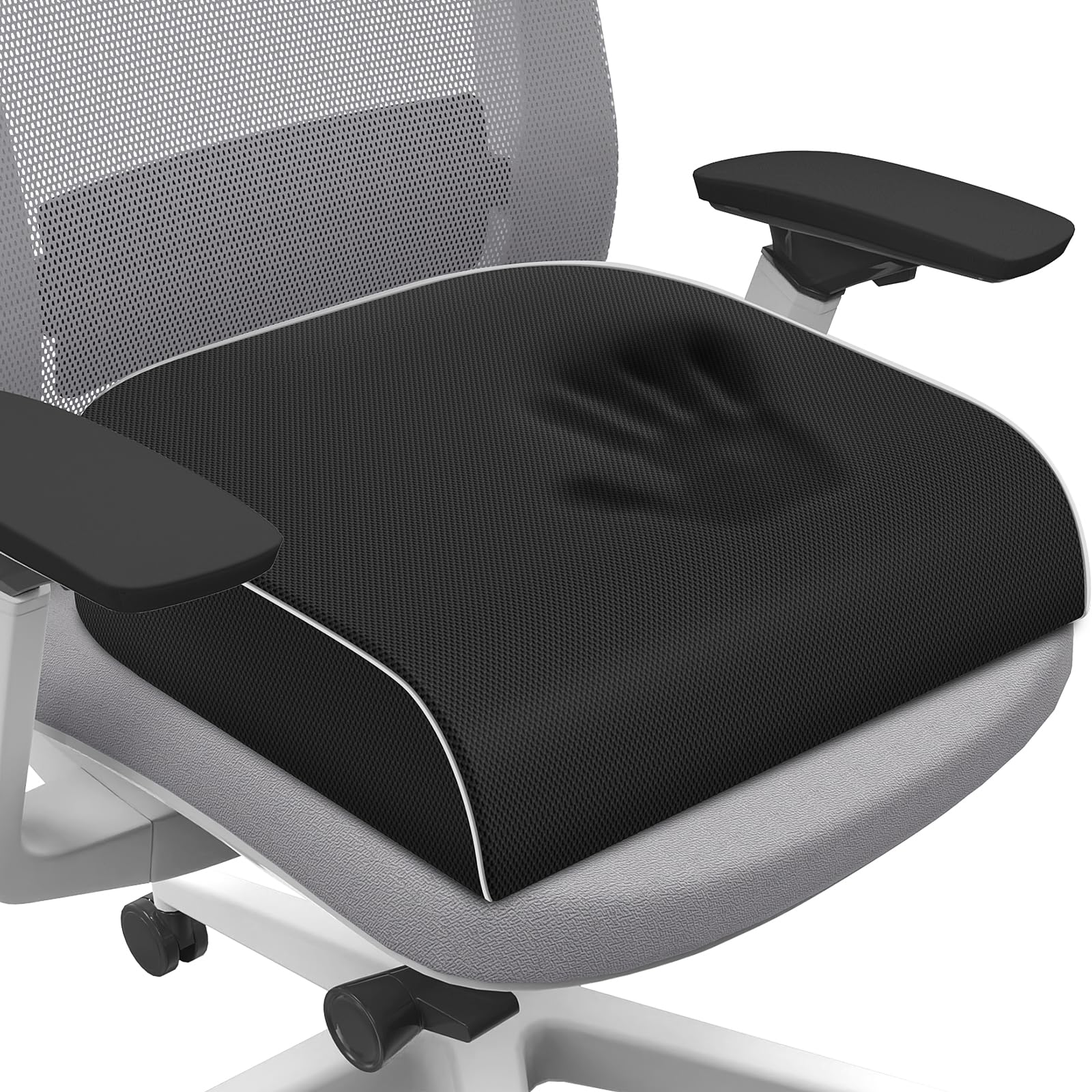Black memory foam seat cushion with contoured top and stitched edge piping