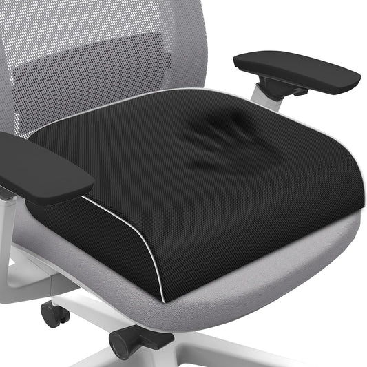 Black memory foam seat cushion with contoured top and stitched edge piping