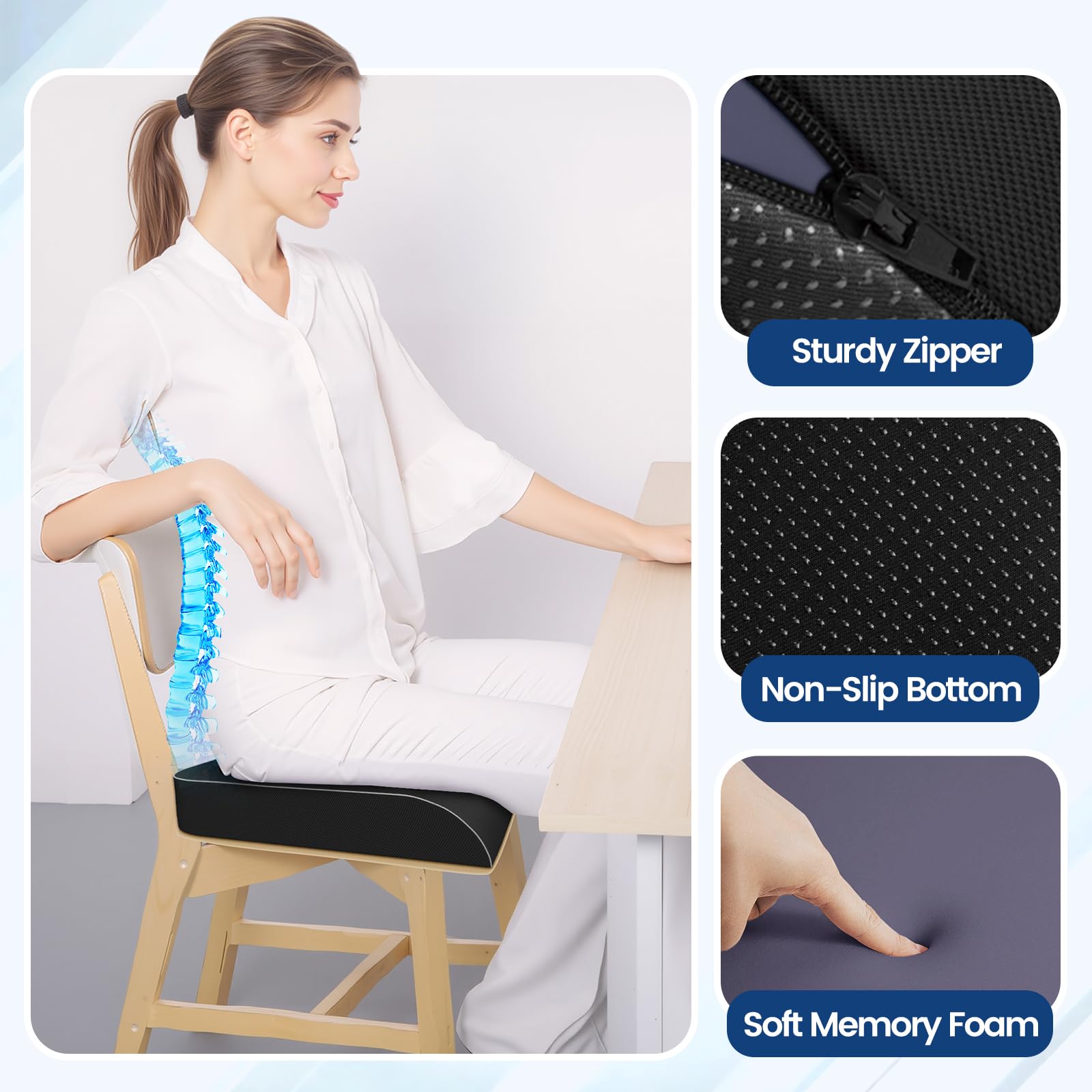 Black seat cushion with non-slip bottom and zipper detail, soft memory foam