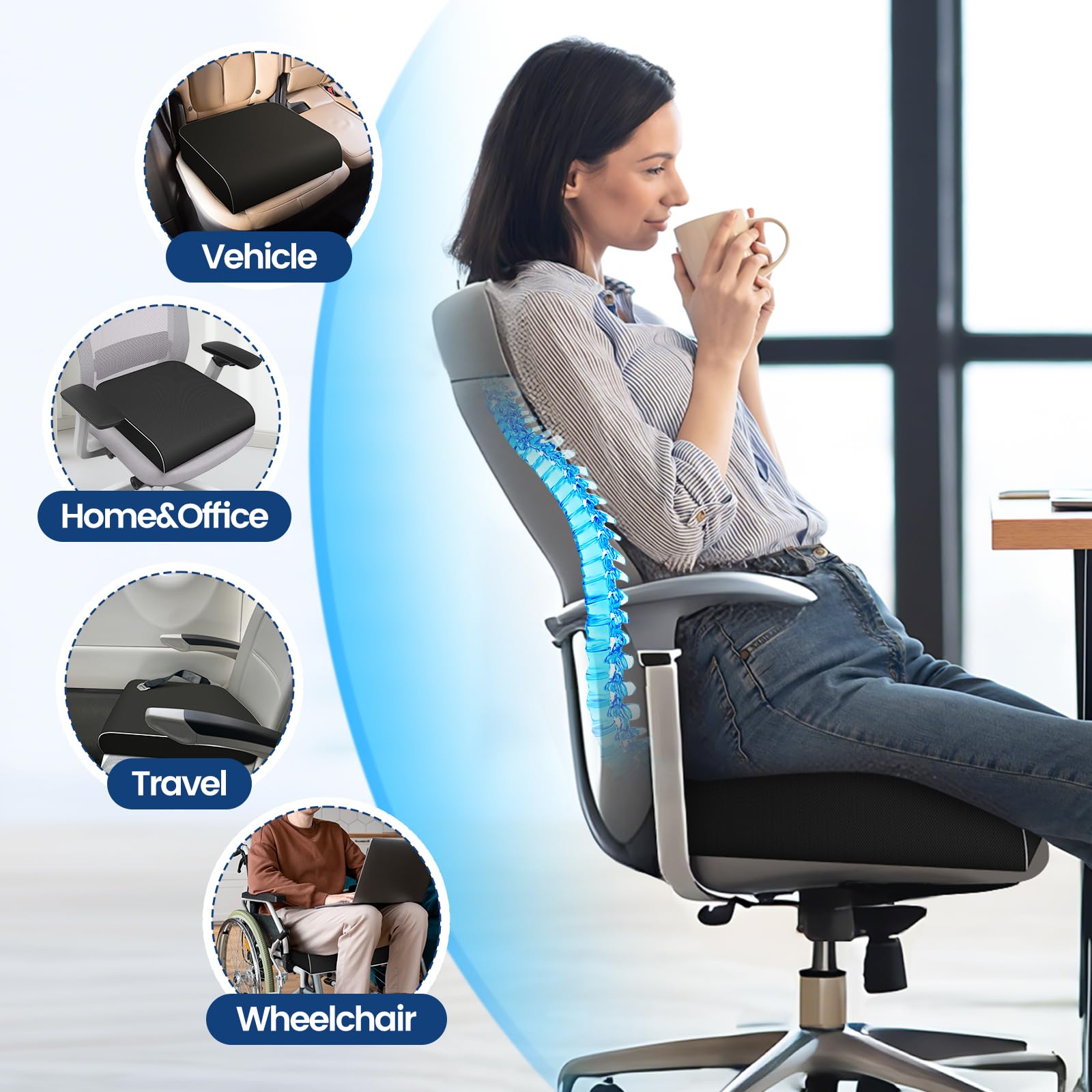 Black seat cushion on office chair seat with textured surface and stitched border