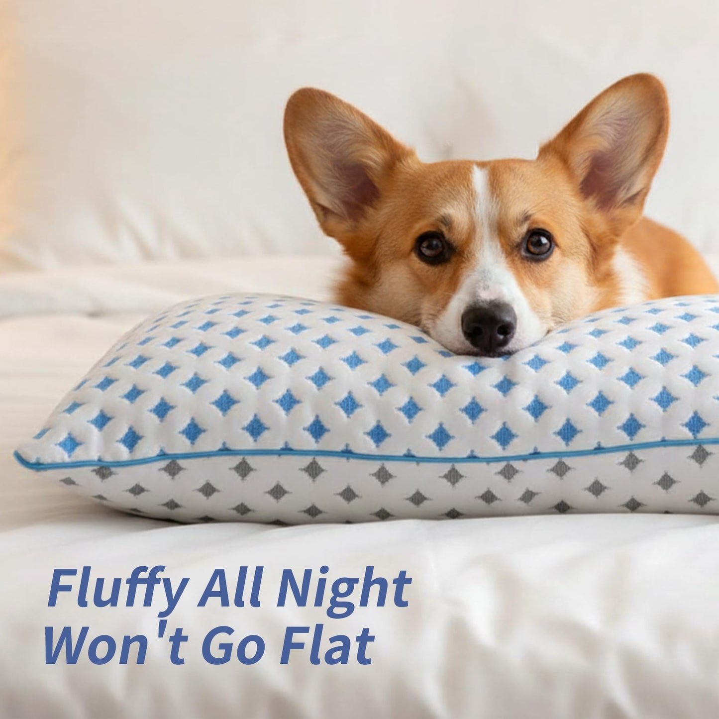 Cooling pillow with blue-and-white geometric cover, rounded support shape