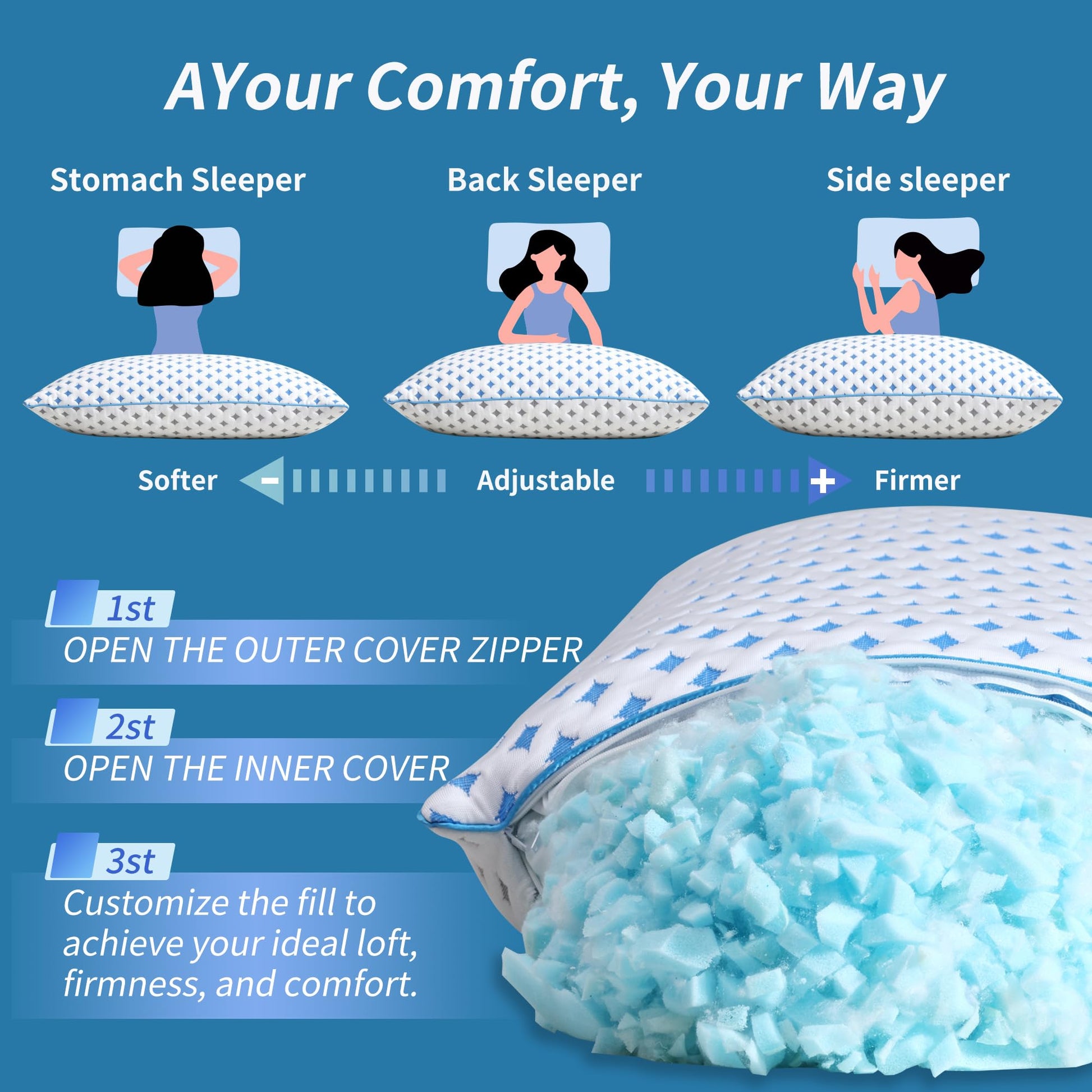 Adjustable cooling shredded memory foam pillow with blue-and-white geometric cover