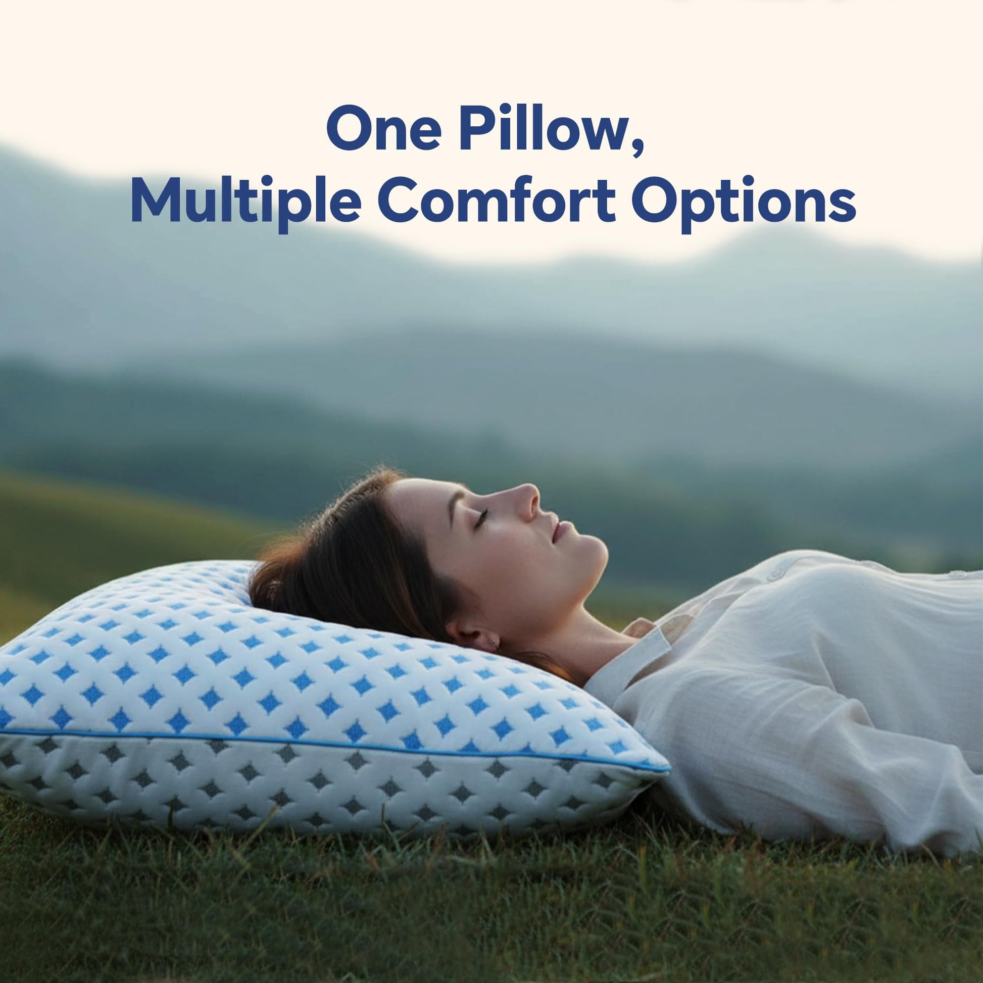 Cooling pillow with blue-and-white geometric cover, rounded profile edge