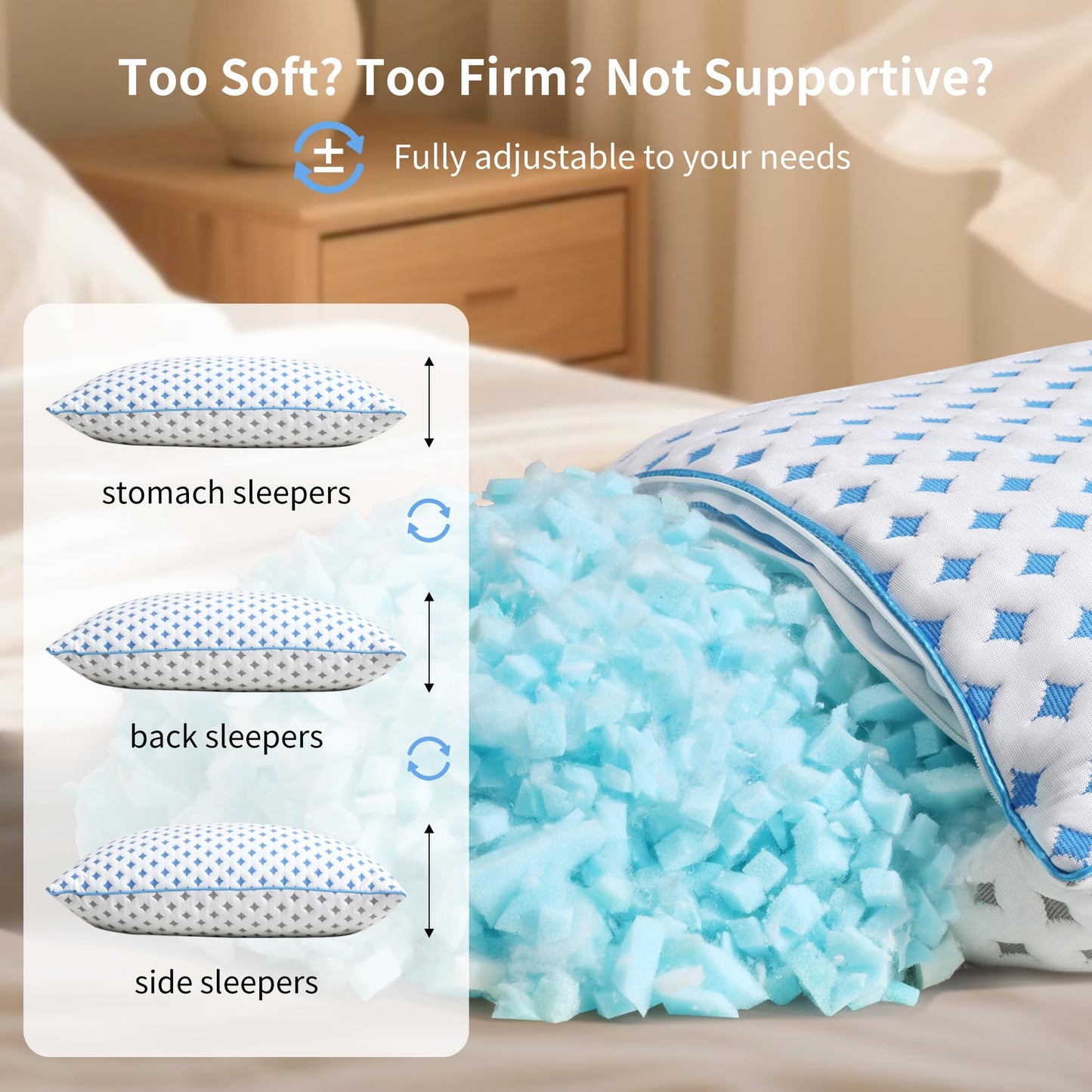 Adjustable cooling pillow with blue shredded foam filling and white geometric cover