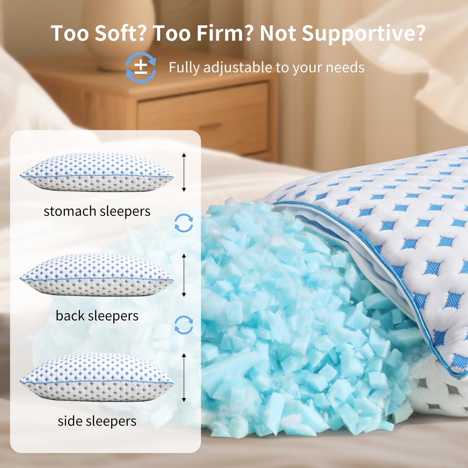 Adjustable cooling pillow with blue shredded foam filling and white geometric cover
