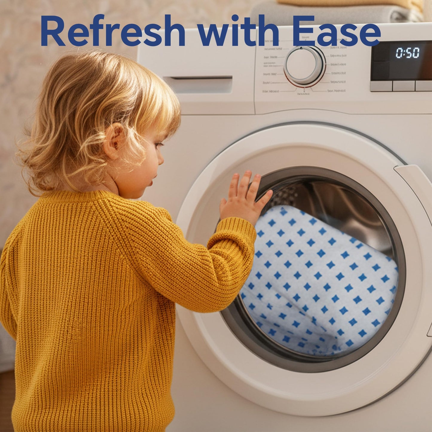 Cooling pillow with blue-and-white geometric cover inside washing machine drum