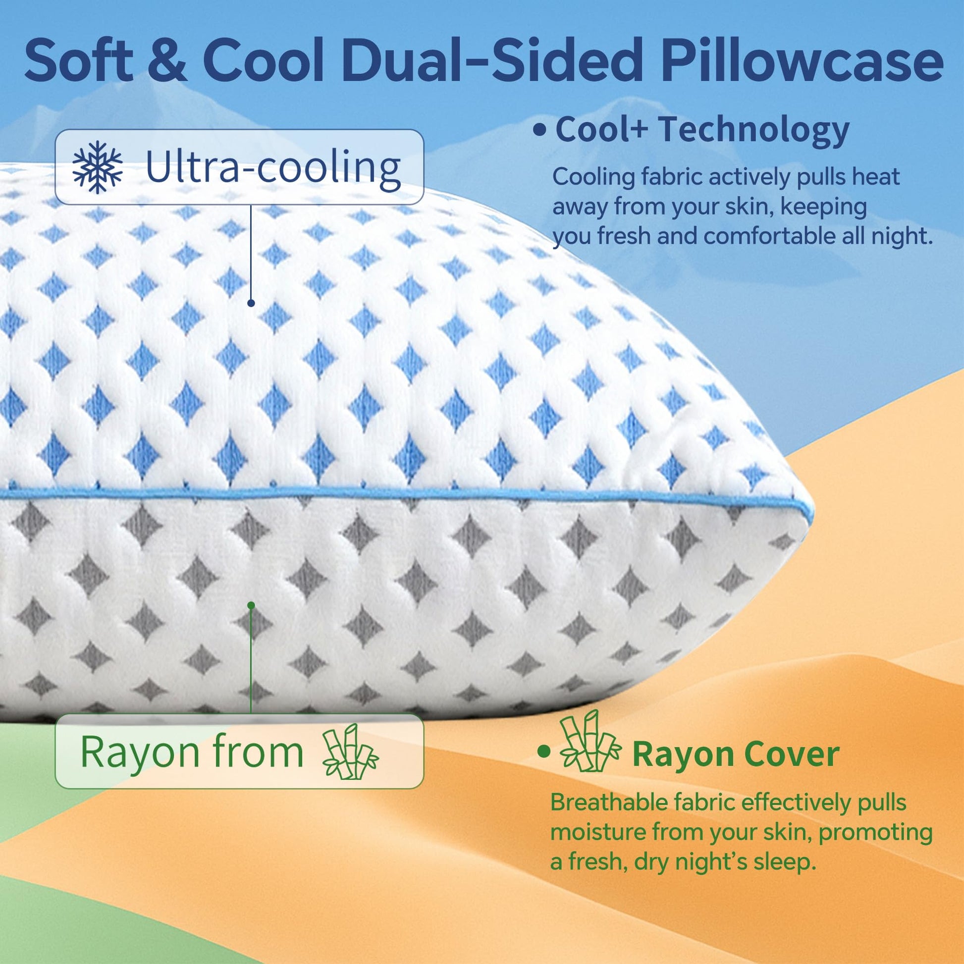 Dual-sided cooling pillowcase with blue-and-white geometric fabric