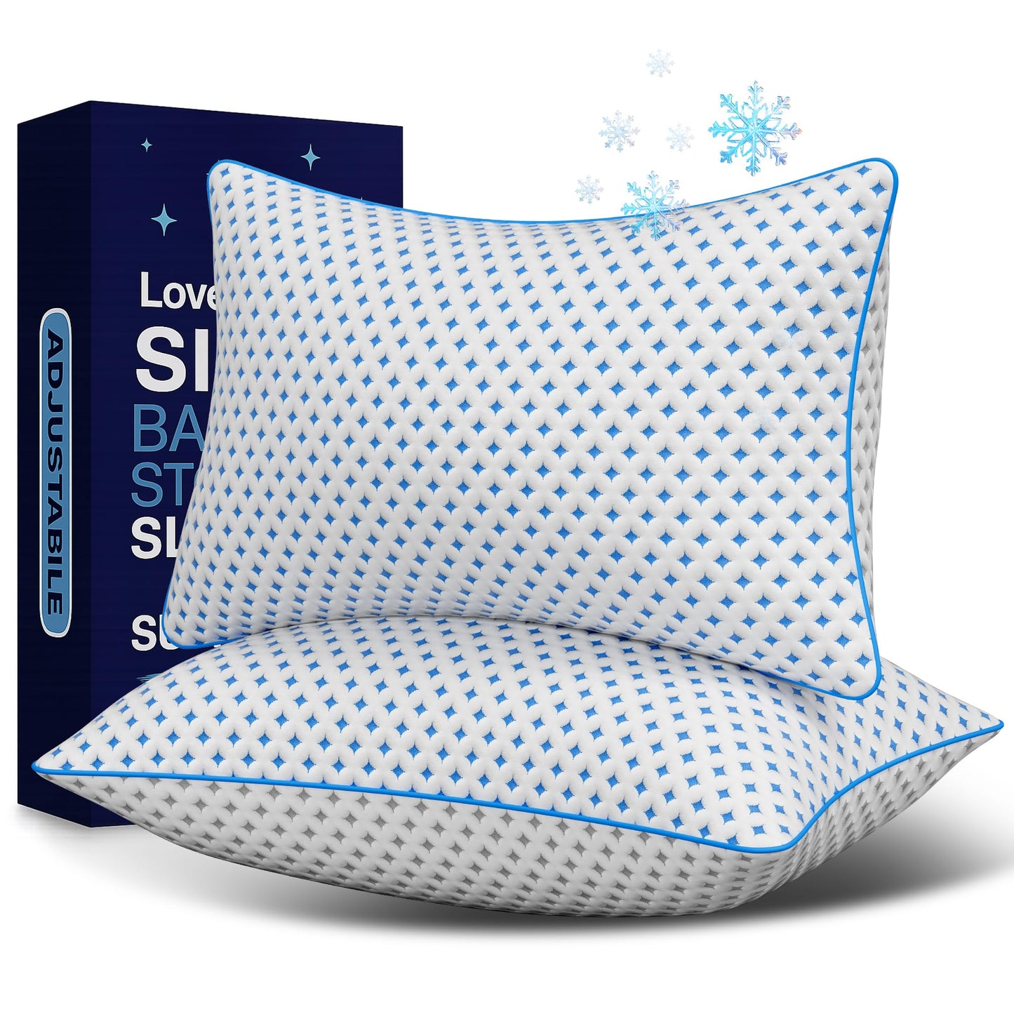 Set of 2 cooling memory foam pillows, blue-and-white geometric knit covers