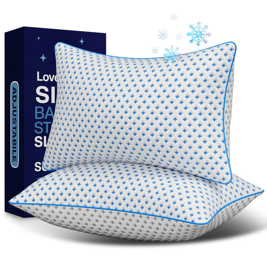 Set of 2 cooling memory foam pillows, blue-and-white geometric knit covers